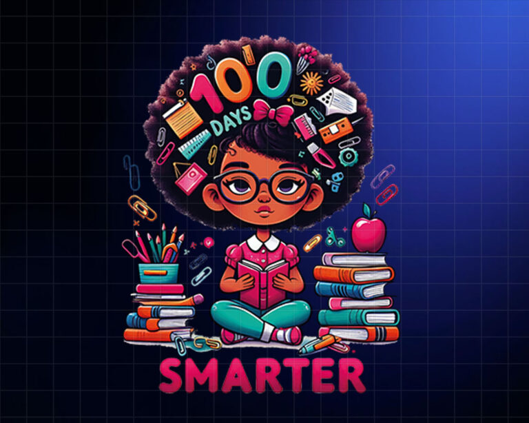 100 Days Smarter Afro Girls Messy Bun 100th Day Of School  Shirt PNG, DTF, DTG, Sublimation Design
