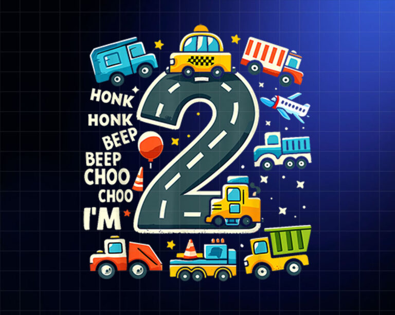 2 Year Old Birthday Boy Truck Car Transportation PNG, DTF, DTG, Sublimation Design