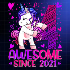 4 Year Old Unicorn Gifts for Girls 4th Birthday Girl Party PNG, DTF, DTG, Sublimation Design