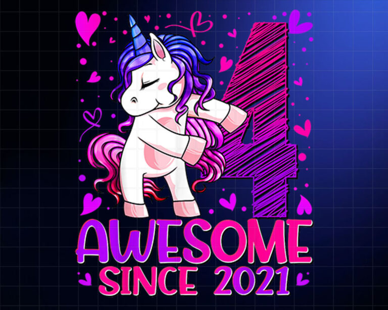 4 Year Old Unicorn Gifts for Girls 4th Birthday Girl Party PNG, DTF, DTG, Sublimation Design