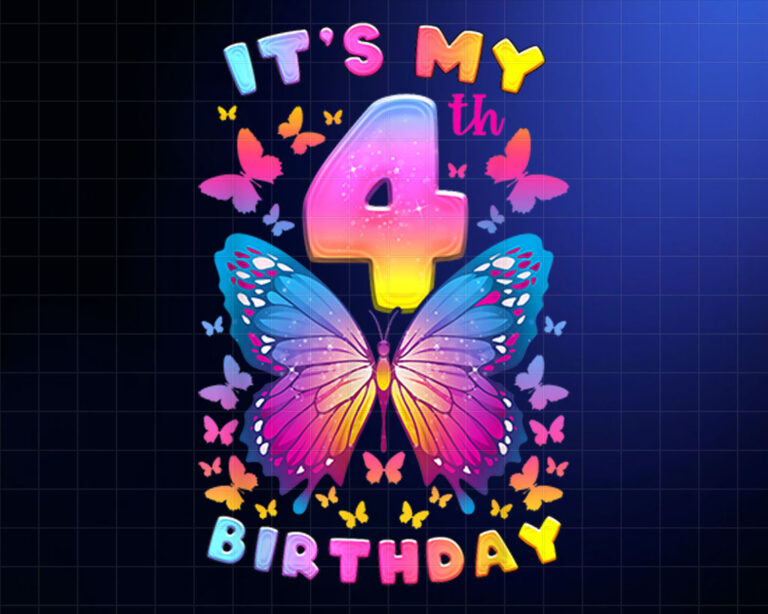4th Birthday Girl 4 Years Butterfly Number 4 PNG, DTF, DTG, Sublimation Design