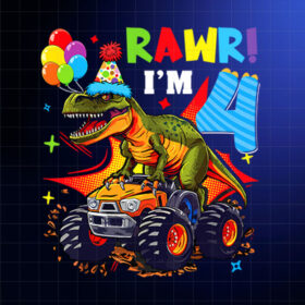 4th Birthday Monster Truck Dinosaur Party Boys Rawr Im 4 PNG, DTF, DTG, Sublimation Design