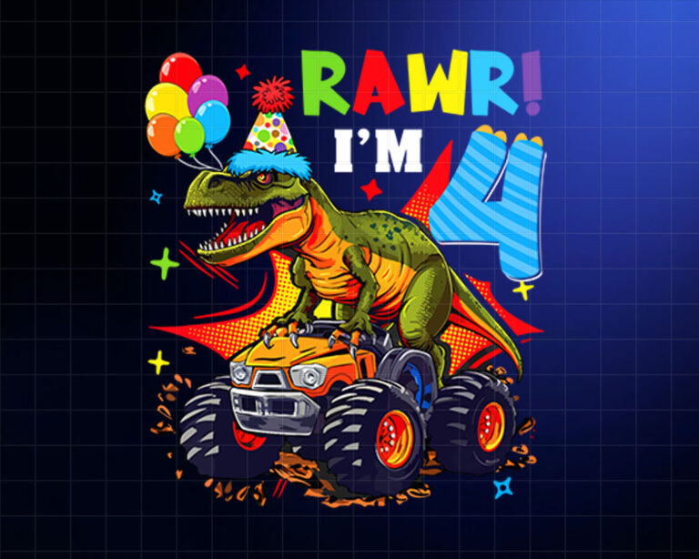 4th Birthday Monster Truck Dinosaur Party Boys Rawr Im 4 PNG, DTF, DTG, Sublimation Design