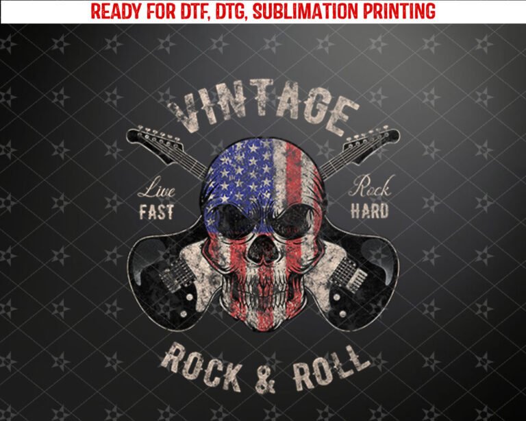 American Flag Guitar Vintage Rock and Roll Skull Guitarist Long Sleeve Shirt PNG, DTF, DTG, Sublimation Design