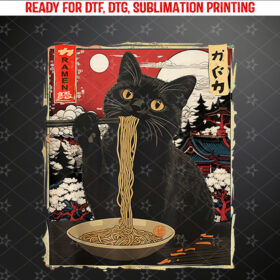 Anime Cat Eating Ramen Retro Kawaii Ramen Cat Girls Teens Shirt PNG, DTF, DTG, Sublimation Design