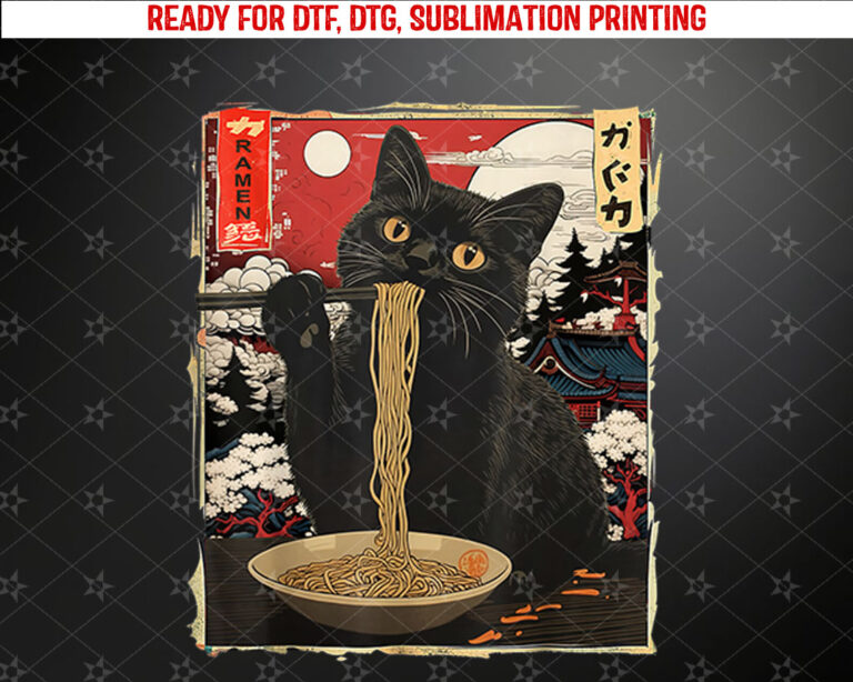 Anime Cat Eating Ramen Retro Kawaii Ramen Cat Girls Teens Shirt PNG, DTF, DTG, Sublimation Design