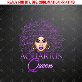Aquarius Girl Womens Purple Afro Queen Black Zodiac Birthday Shirt PNG, DTF, DTG, Sublimation Design