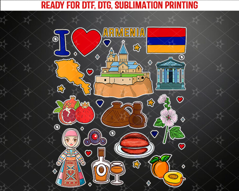 Armenian hand drawn symbols Armenia map cultural icons Shirt PNG, DTF, DTG, Sublimation Design