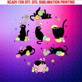 Black Cat With Bunny Eggs Happy Easter Day Matching Shirt PNG, DTF, DTG, Sublimation Design