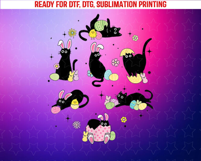 Black Cat With Bunny Eggs Happy Easter Day Matching Shirt PNG, DTF, DTG, Sublimation Design