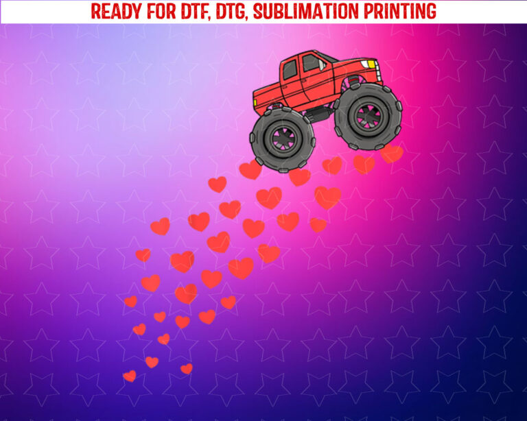 Boys Valentines Day Monster Truck Hearts Toddler Girl Shirt PNG, DTF, DTG, Sublimation Design