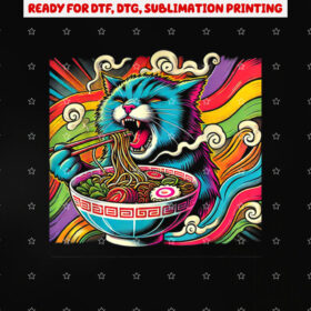 Cat Eating Ramen Colorful Noodles Lover Shirt PNG, DTF, DTG, Sublimation Design