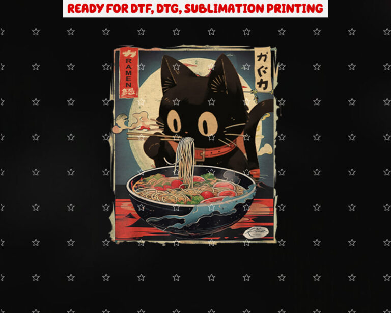 Cat Eating Ramen Noodle Funny Japanese Kawaii Anime Gifts Shirt PNG, DTF, DTG, Sublimation Design