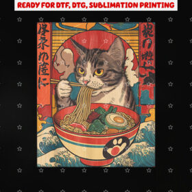 Cat Eating Ramen Noodles Kawaii Anime Cat Japanese Food Shirt PNG, DTF, DTG, Sublimation Design