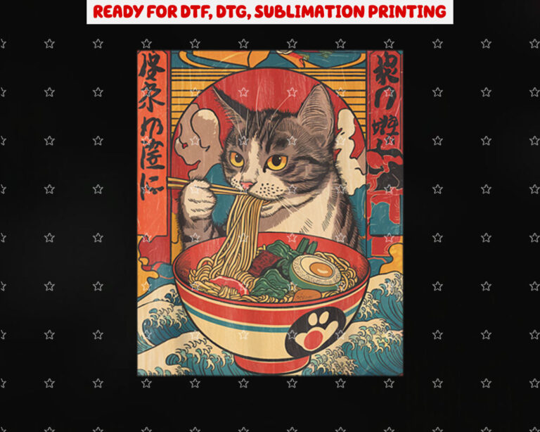 Cat Eating Ramen Noodles Kawaii Anime Cat Japanese Food Shirt PNG, DTF, DTG, Sublimation Design