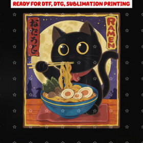Cat Eating Ramen Noodles Kawaii Cat Anime Lovers Unisexteens Black Small Shirt PNG, DTF, DTG, Sublimation Design