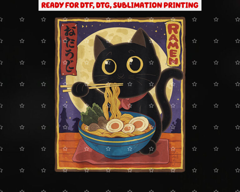 Cat Eating Ramen Noodles Kawaii Cat Anime Lovers Unisexteens Black Small Shirt PNG, DTF, DTG, Sublimation Design