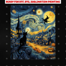 Cat Halloween Van Gogh Starry Night Pumpkin Gifts Men Women Shirt PNG, DTF, DTG, Sublimation Design