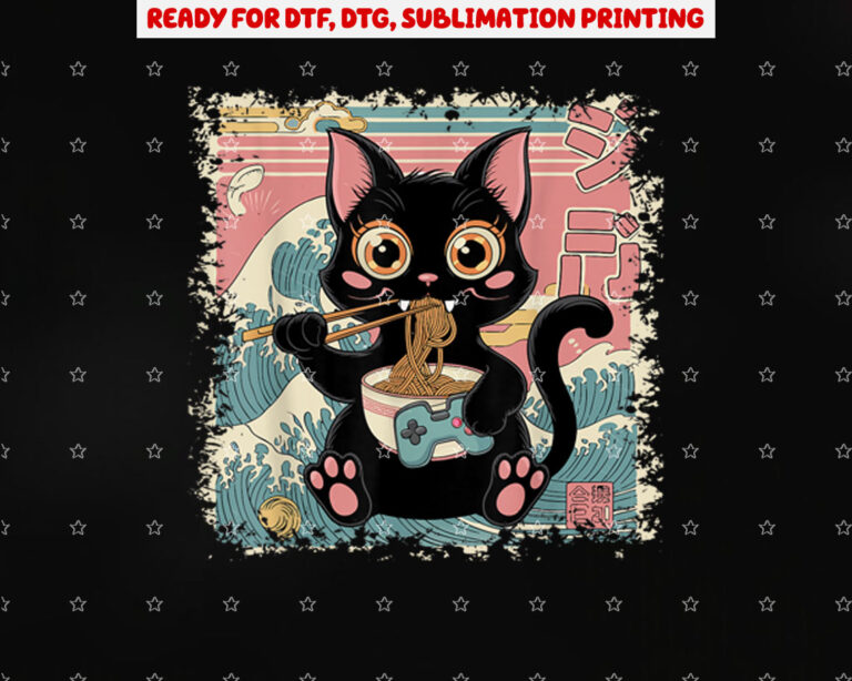Cat Ramen Japanese Funny Graphic Kawaii Cat Anime Gaming Shirt PNG, DTF, DTG, Sublimation Design