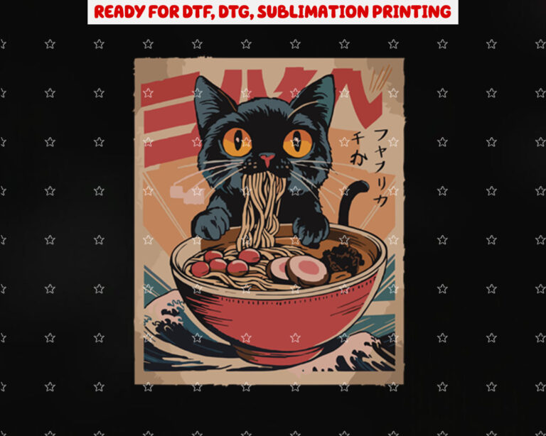 Cat Ramen Japanese Funny Graphic Tees Kawaii Cat Anime Shirt PNG, DTF, DTG, Sublimation Design