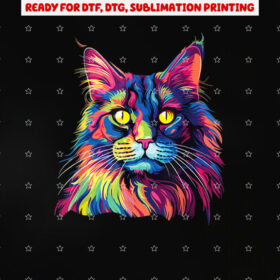 Cat Watercolors Colorful Maine Coon Cats Shirt PNG, DTF, DTG, Sublimation Design