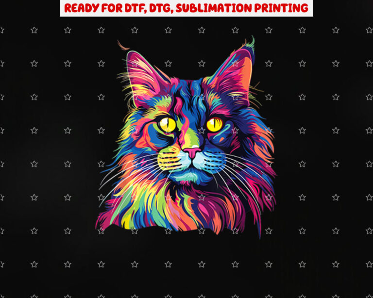 Cat Watercolors Colorful Maine Coon Cats Shirt PNG, DTF, DTG, Sublimation Design