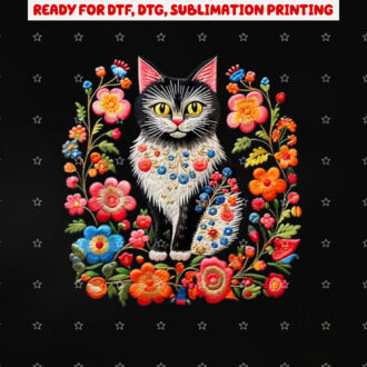 Cat Flowers Embroidery Stitched Cottage Core Colorful Shirt PNG, DTF, DTG, Sublimation Design