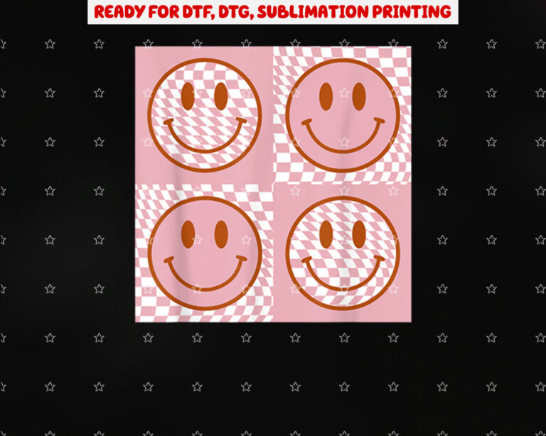 Checkered Pattern Happy Face Retro Pink Smile Face Shirt PNG, DTF, DTG, Sublimation Design