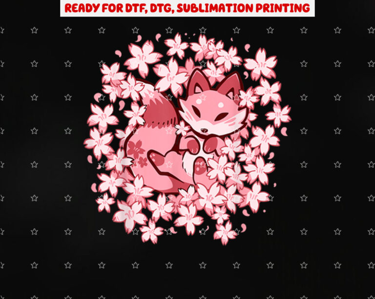 Cherry Blossom Fox Cute Pink Fox Shirt PNG, DTF, DTG, Sublimation Design