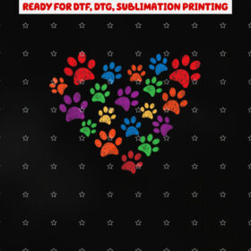 Colorful Grunge Paw Prints in Heart Shape for Cat or Dog Shirt PNG, DTF, DTG, Sublimation Design