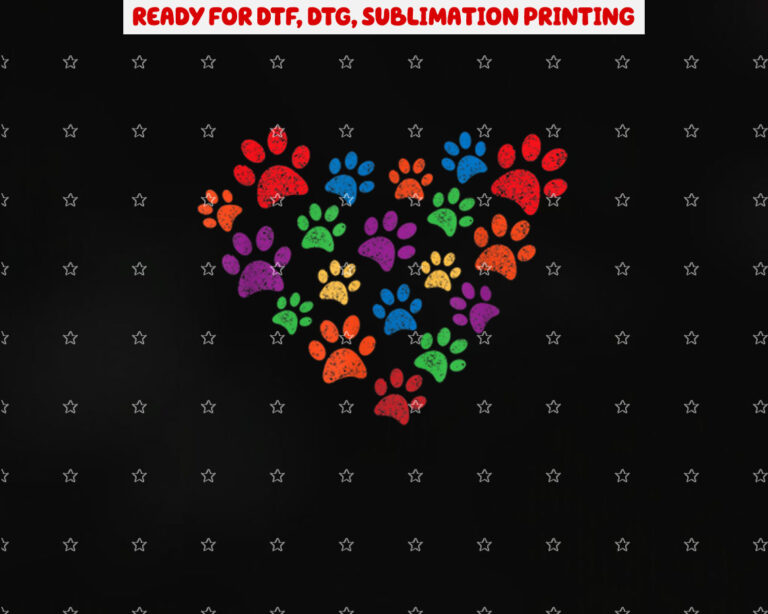 Colorful Grunge Paw Prints in Heart Shape for Cat or Dog Shirt PNG, DTF, DTG, Sublimation Design