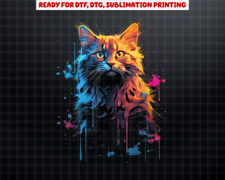 Cool Cat on colorful painted Cat Shirt PNG, DTF, DTG, Sublimation Design