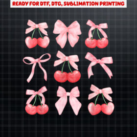Coquette Aesthetic Pink Bow and Red Cherries Girls Kids Shirt PNG, DTF, DTG, Sublimation Design