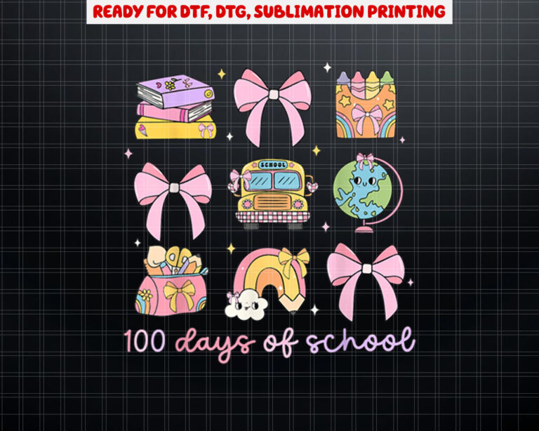 Coquette Bow 100 Days of School Teacher Student Girls Kids Shirt PNG, DTF, DTG, Sublimation Design