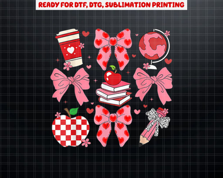 Coquette Bow Pencil Apple Book Teacher Valentines Day Shirt PNG, DTF, DTG, Sublimation Design
