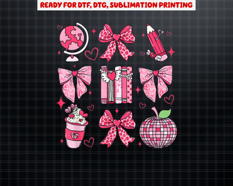 Coquette Pink Bow Ribbons Apple Book Teacher Valentines Day Shirt PNG, DTF, DTG, Sublimation Design