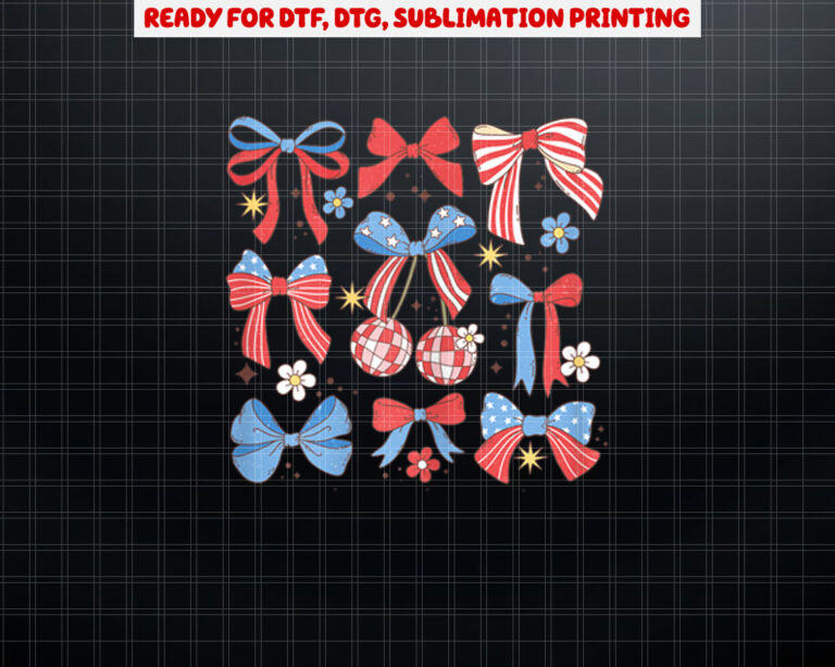 Coquette Red White  Blue Patriotic Bows Retro July 4th Shirt PNG, DTF, DTG, Sublimation Design