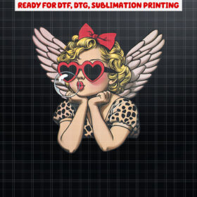 Cupid Blowing Bubble Heart Sunglasses Leopard Valentines Day Shirt PNG, DTF, DTG, Sublimation Design