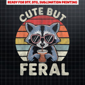 Cute But Feral Funny Colorful Racoon Sunglasses Toddler Kids Shirt PNG, DTF, DTG, Sublimation Design