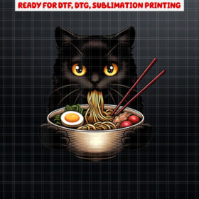Cute Cat Ramen Funny Cat Eating Noodles Anime Lover Shirt PNG, DTF, DTG, Sublimation Design
