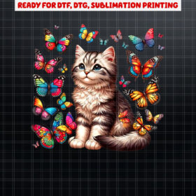 Cute Cat With Colorful Butterfly Art Pet Lover Kitten Shirt PNG, DTF, DTG, Sublimation Design
