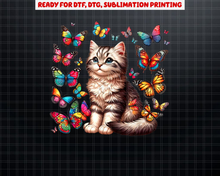Cute Cat With Colorful Butterfly Art Pet Lover Kitten Shirt PNG, DTF, DTG, Sublimation Design
