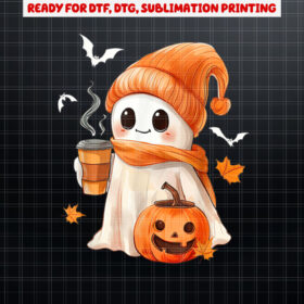 Cute Ghost Drinking Coffee Halloween Ghost Ice Coffee Womens Shirt PNG, DTF, DTG, Sublimation Design