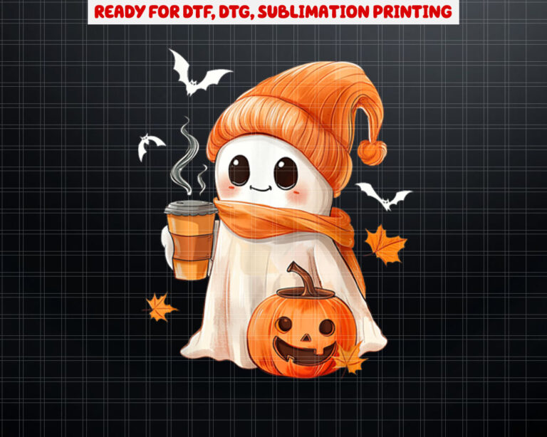 Cute Ghost Drinking Coffee Halloween Ghost Ice Coffee Womens Shirt PNG, DTF, DTG, Sublimation Design