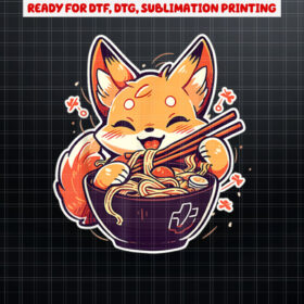 Cute Japanese Anime Kawaii Fox Eating Ramen Kids Girls ns Shirt PNG, DTF, DTG, Sublimation Design