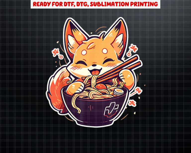 Cute Japanese Anime Kawaii Fox Eating Ramen Kids Girls ns Shirt PNG, DTF, DTG, Sublimation Design