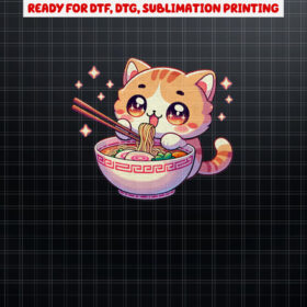 Cute Kawaii Anime Cat Eating Ramen Noodles Women Girls s Shirt PNG, DTF, DTG, Sublimation Design