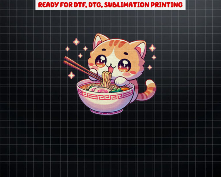 Cute Kawaii Anime Cat Eating Ramen Noodles Women Girls s Shirt PNG, DTF, DTG, Sublimation Design