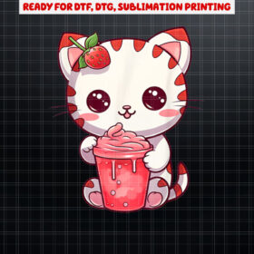 Cute Kawaii Strawcat Anime Strawberry Red Pink Cat Neko Shirt PNG, DTF, DTG, Sublimation Design
