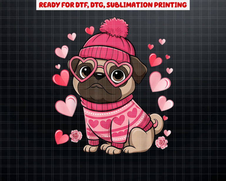 Cute Pug Red Hearts Couples Happy Valentines Day Shirt PNG, DTF, DTG, Sublimation Design